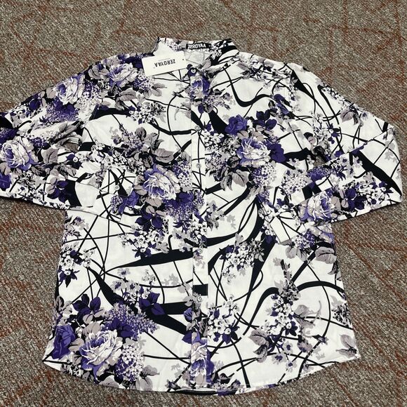 ZEROYAA Men's Poppy Floral Shirt Purple White Black Size Medium - Picture 2 of 7